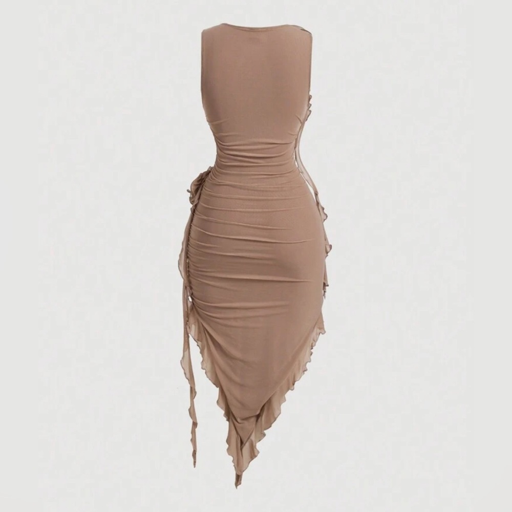 SHEIN Tan One-Shoulder Asymmetrical Ruffle Bodycon Dress - Picture 2 of 4
